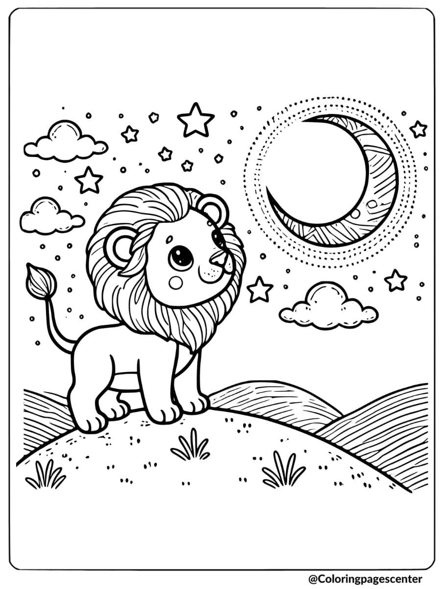 Lion gazing at the moon coloring page for kids