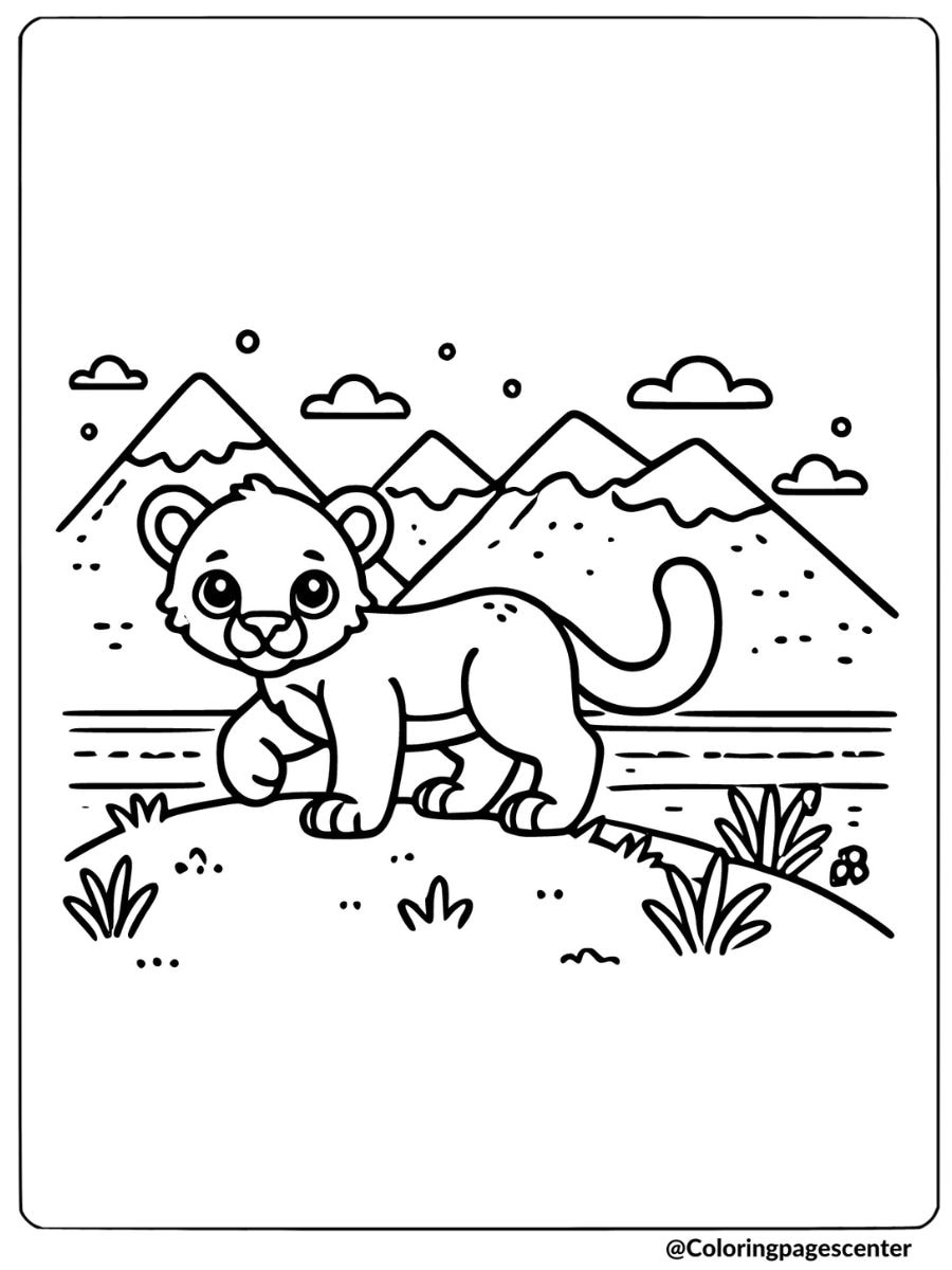 Lion cub by a mountain lake coloring page