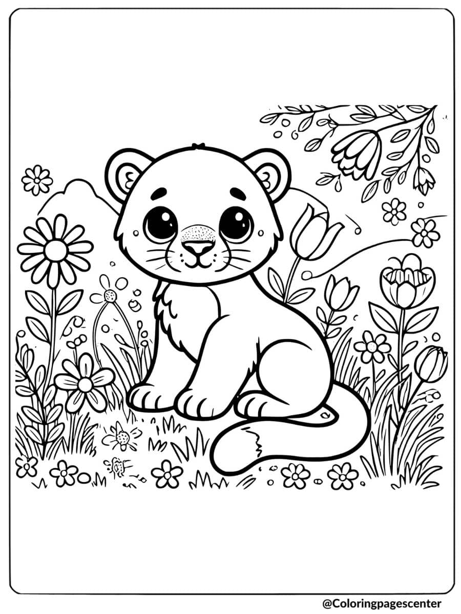 Cute lion cub in flower garden coloring page