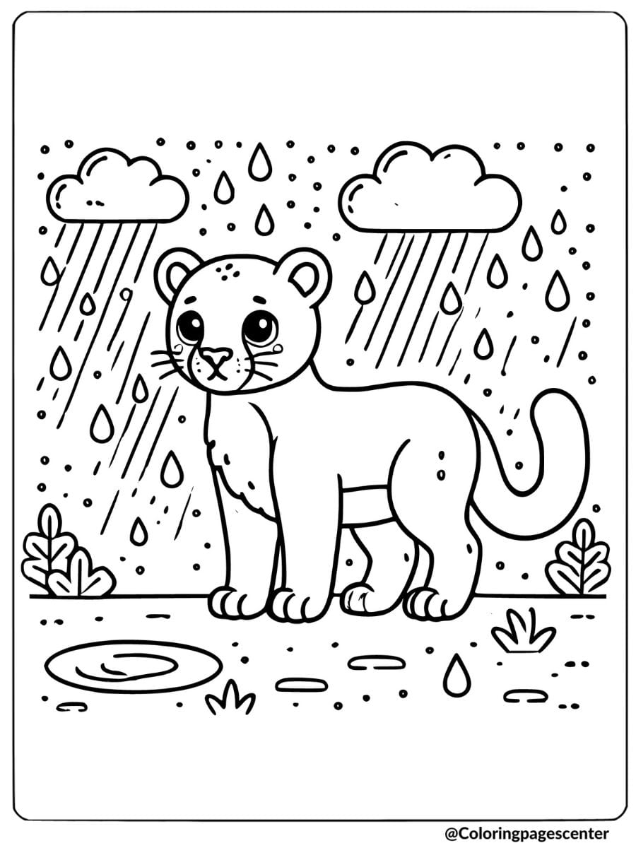 Lion cub standing in the rain coloring page