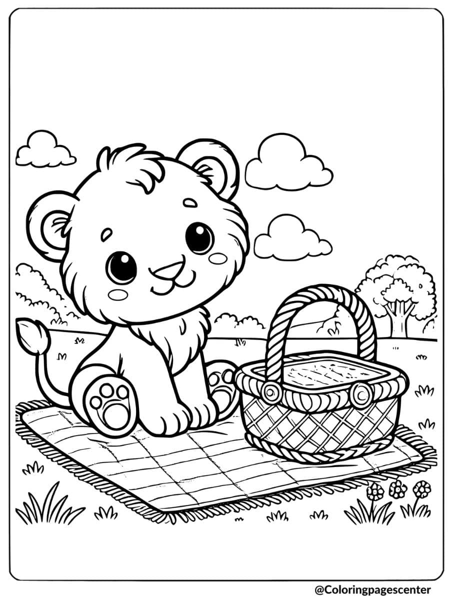 Lion cub sitting on a picnic blanket coloring page