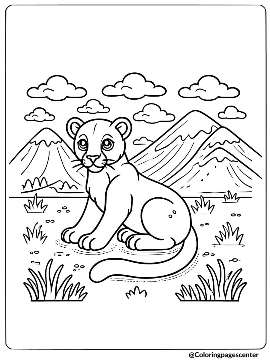 Lion cub sitting in front of mountains coloring page