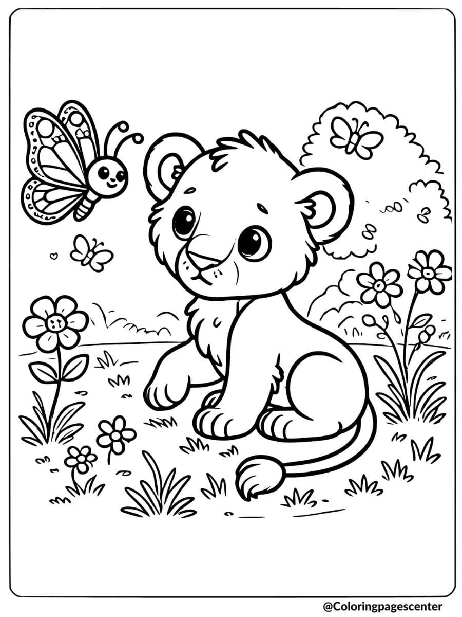 Lion cub watching butterflies coloring page