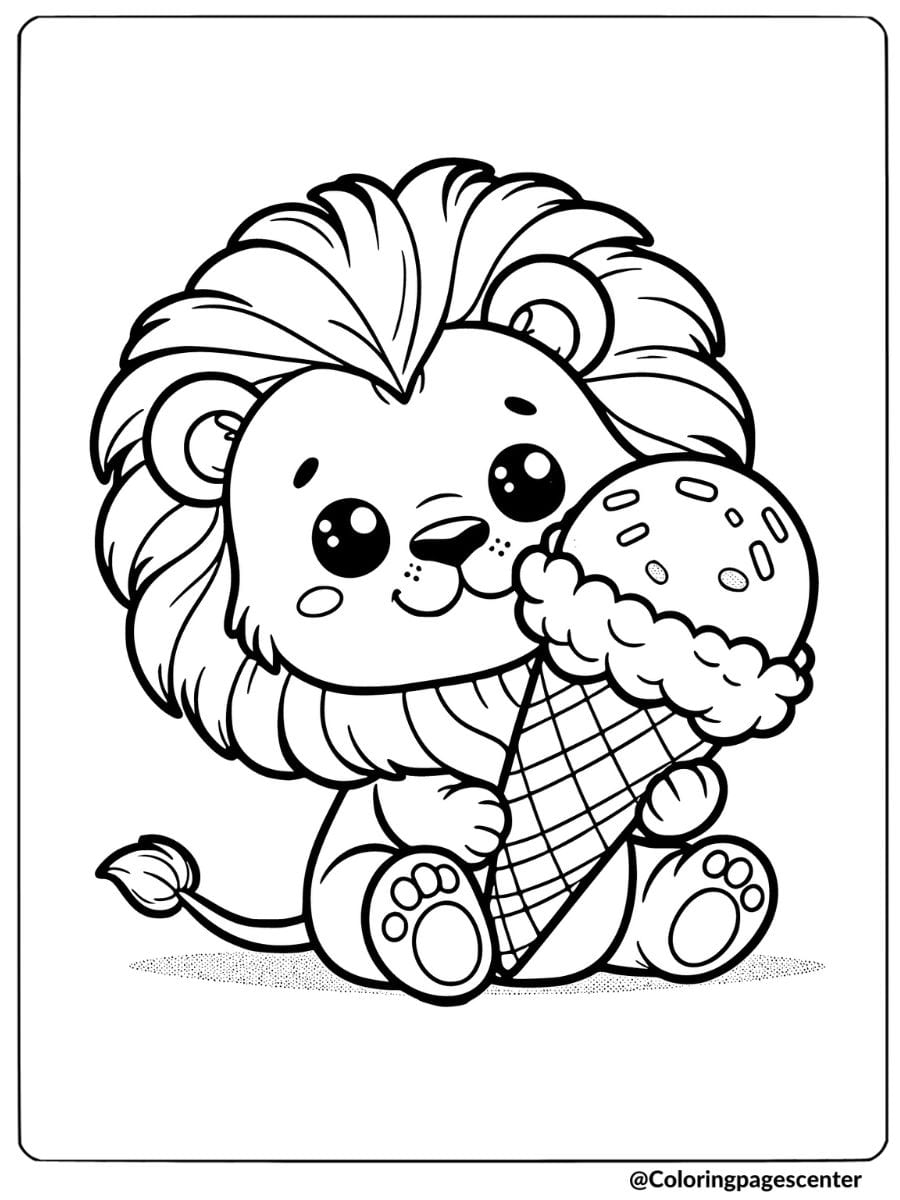 Lion eating ice cream coloring page for kids