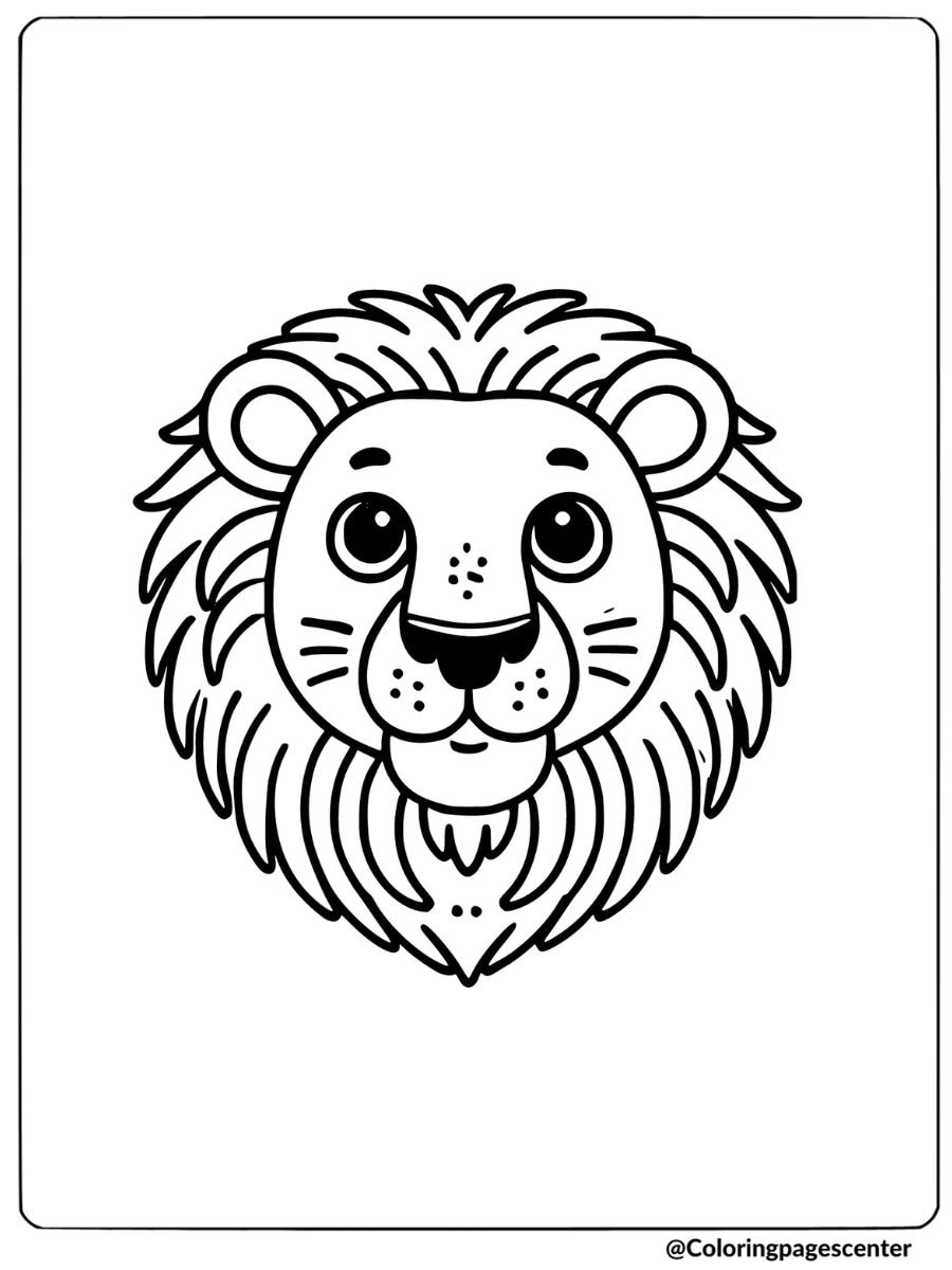 Coloring page of an adorable lion face with big eyes