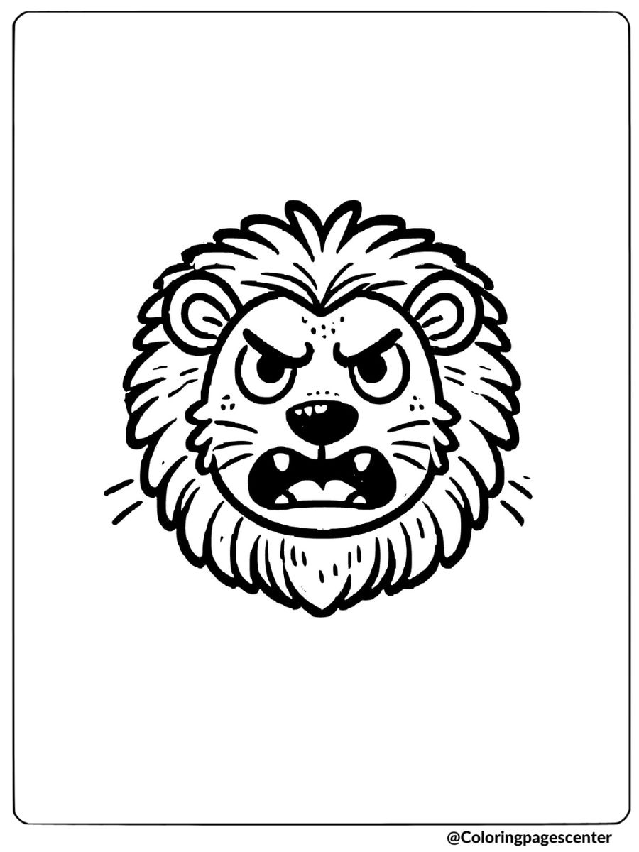 Coloring page of an angry lion face with fierce teeth