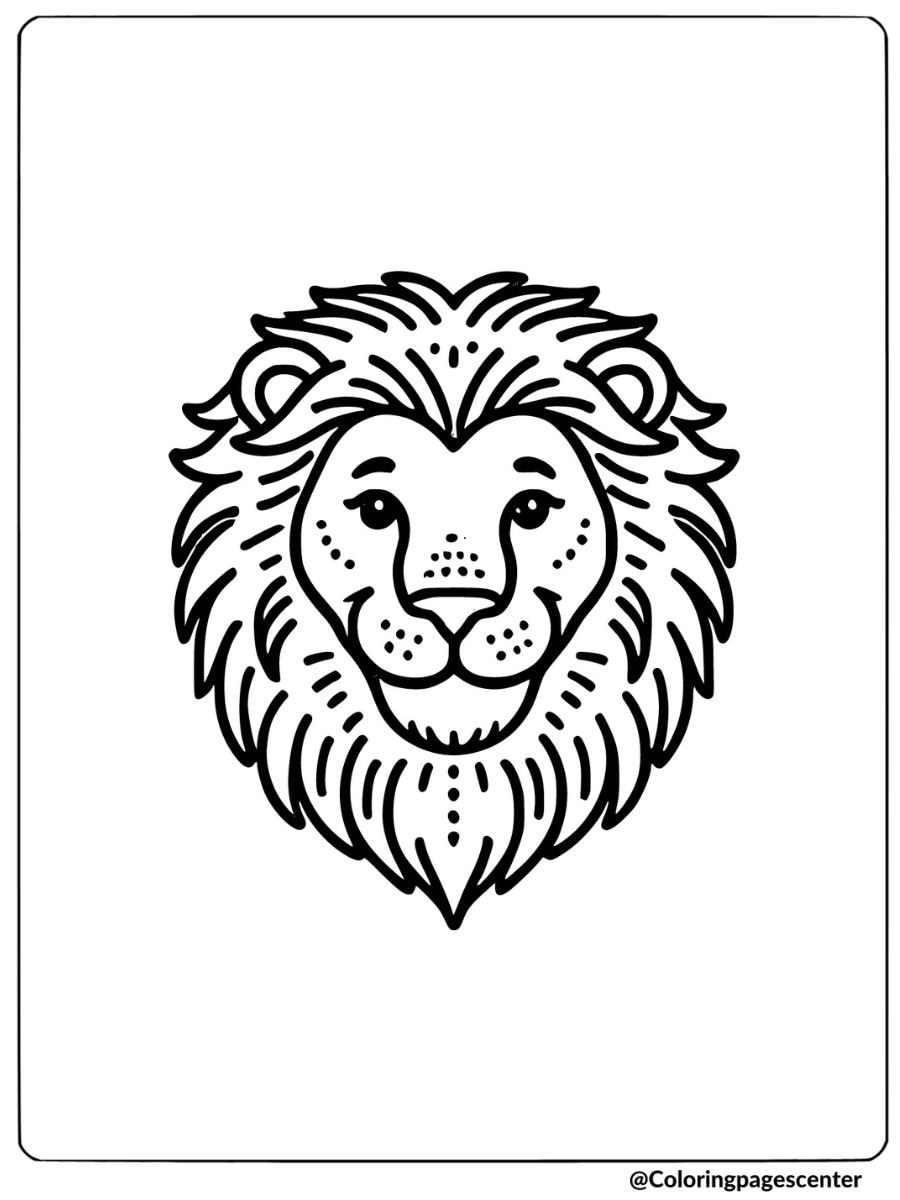 Coloring page of a cute lion face with a friendly smile