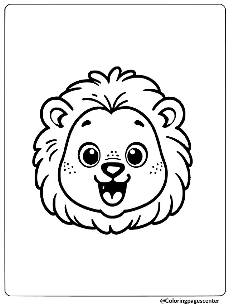 Coloring page of a funny lion face with a cheerful expression