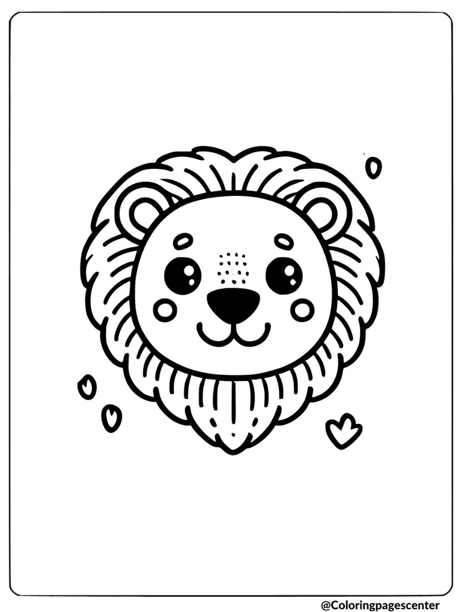 Coloring page of a happy cub lion face with hearts around it