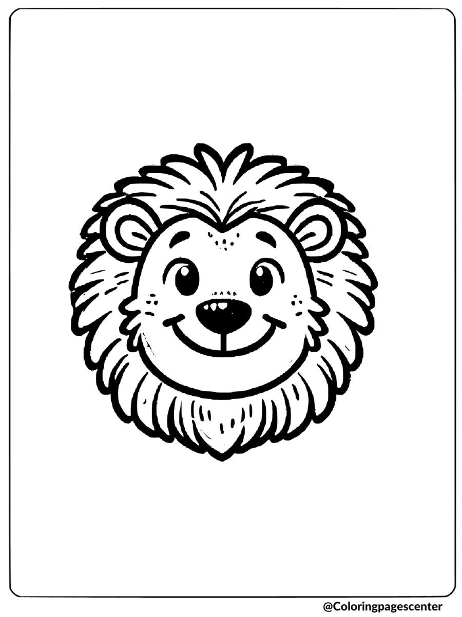 Coloring page of a happy lion face with cheerful look