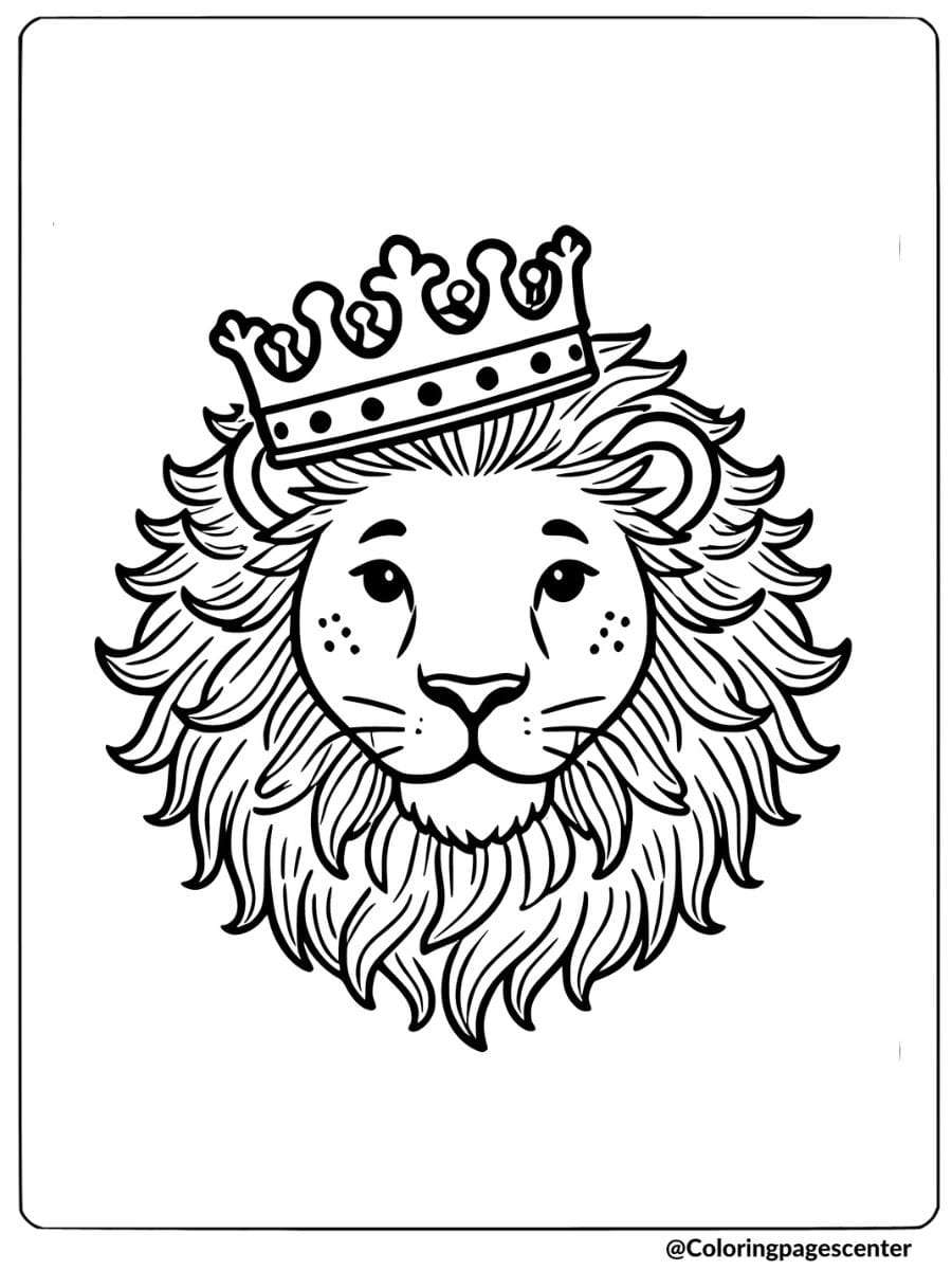 Coloring page of a lion face with a royal crown