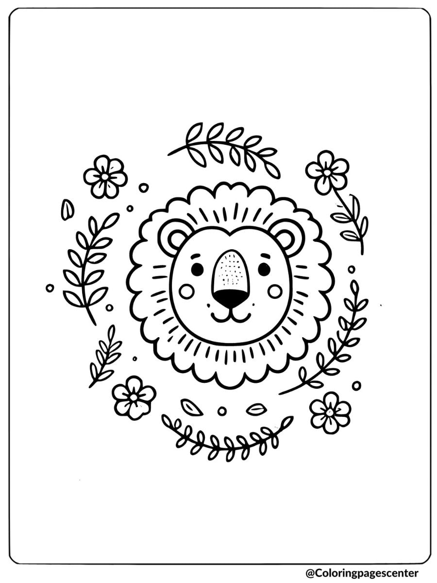 Coloring page of a lion face with a floral wreath design