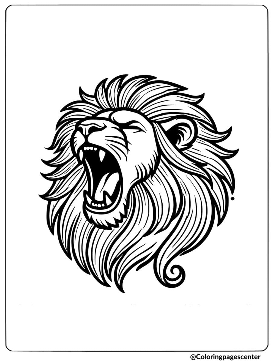 Coloring page of a roaring lion face with fierce look