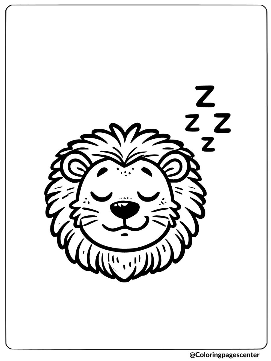 Coloring page of a sleeping lion face with 