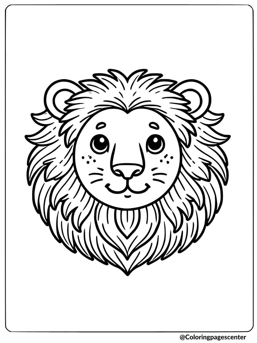 Coloring page of a smiling lion face with happy look