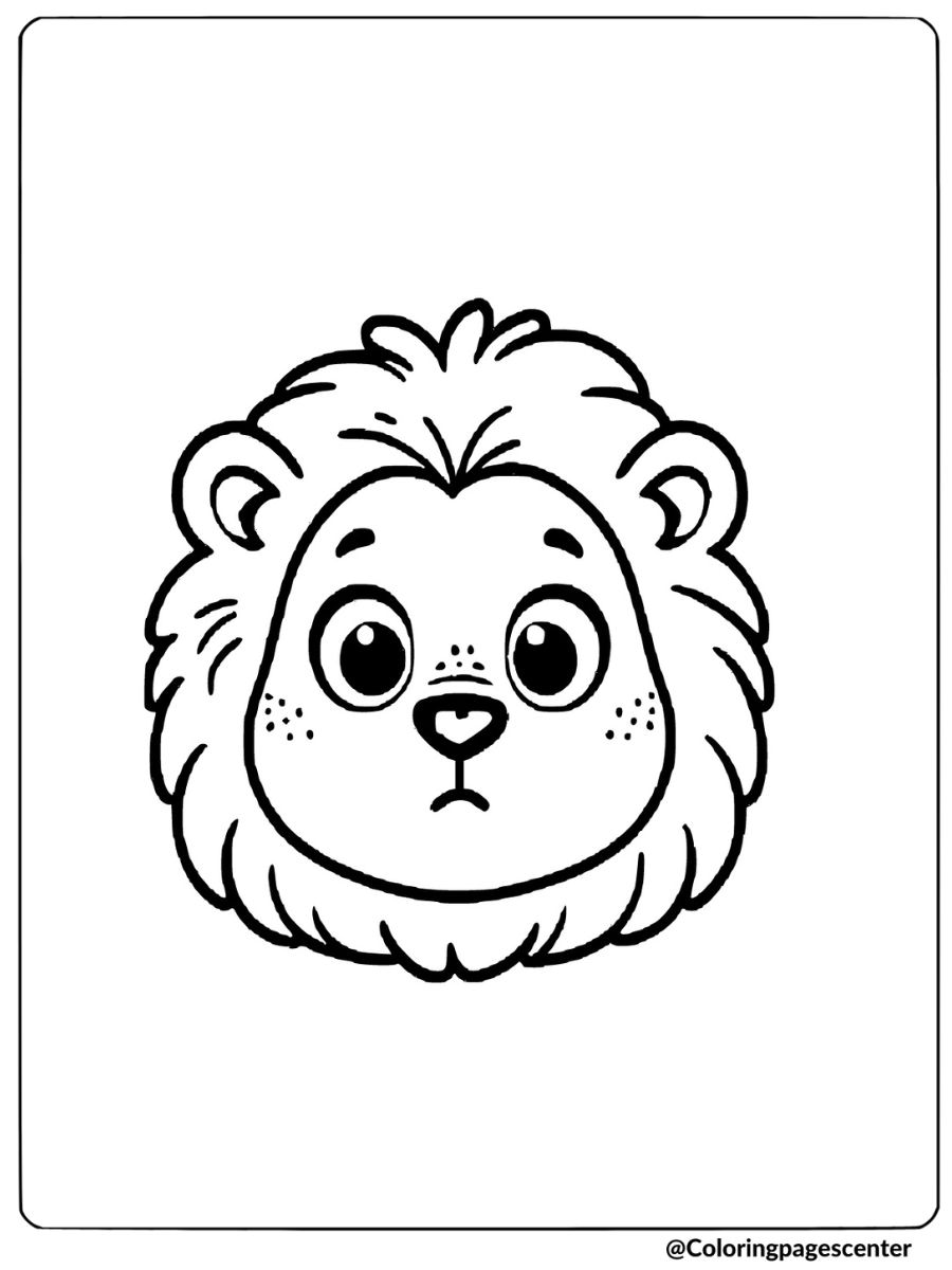 Coloring page of a surprised lion face with wide eyes