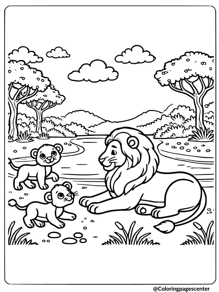 Coloring page featuring a lion family by the river