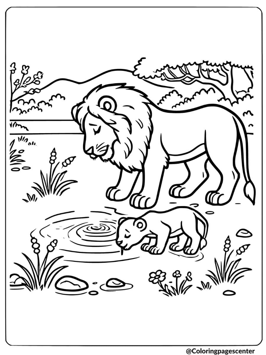 Coloring page of a lion family drinking water