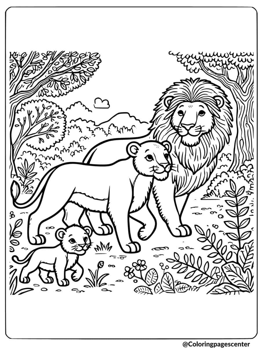 Coloring page of a lion family in the forest