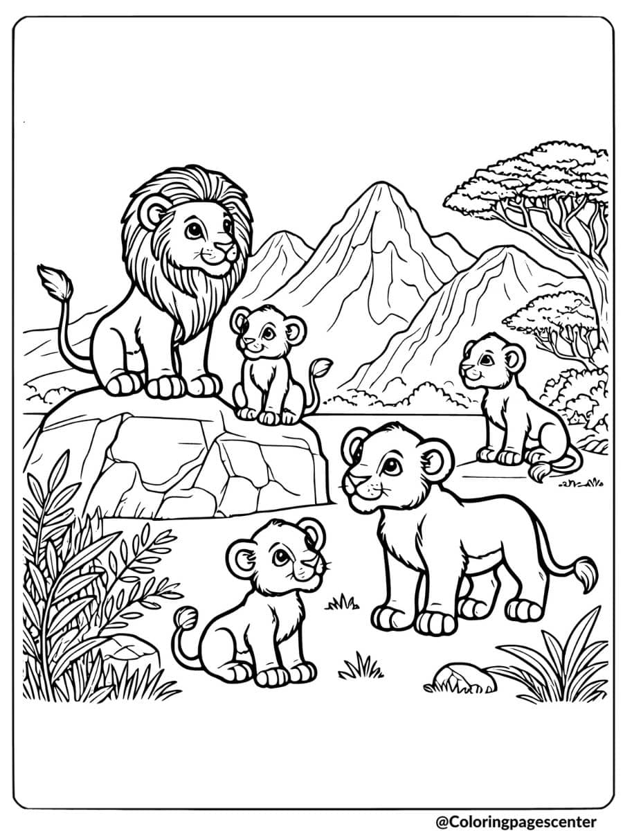 Coloring page featuring a lion family on a rock