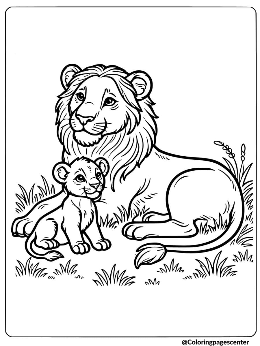 Coloring page of a lion family sitting together