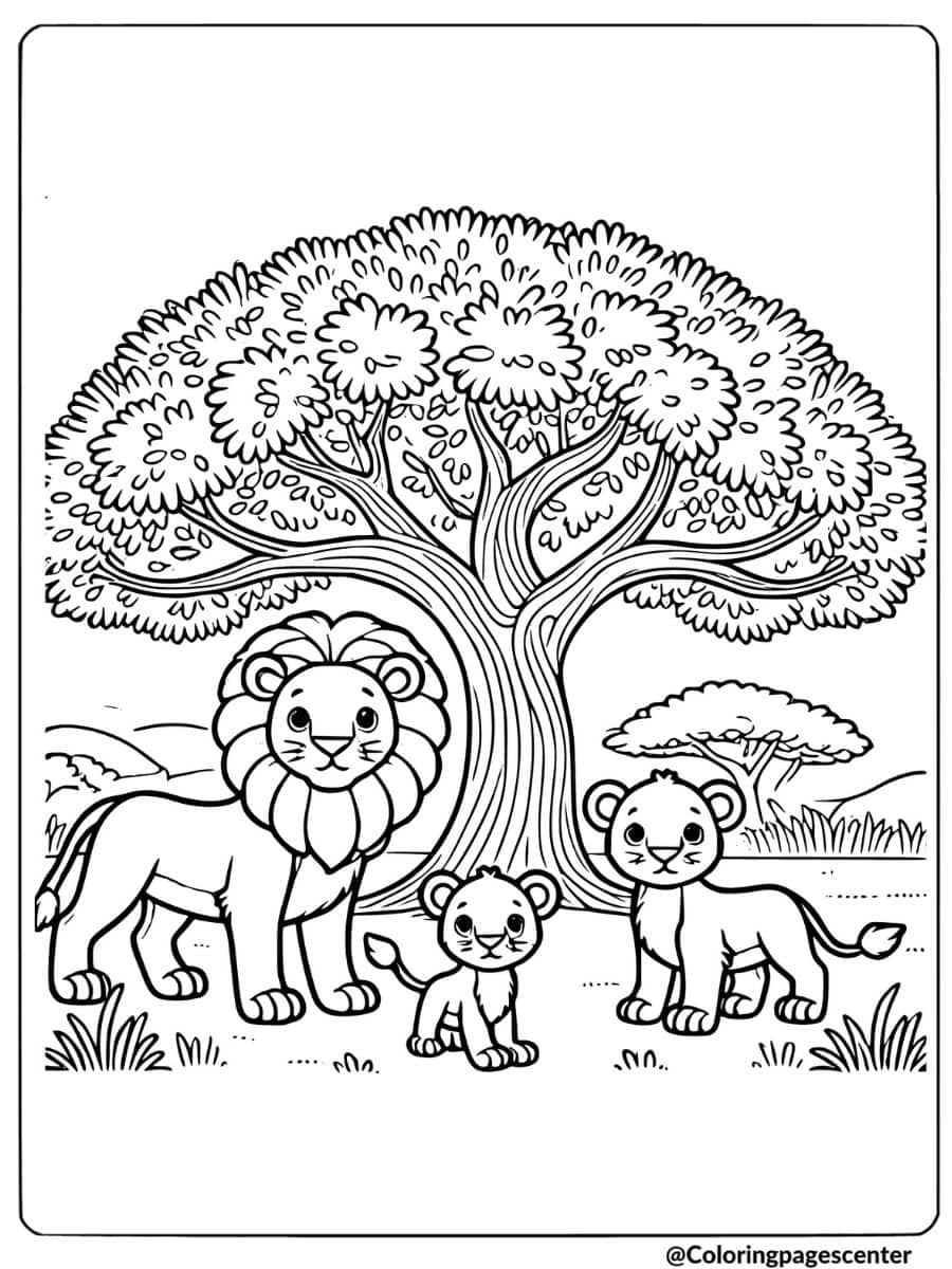 Coloring page of a lion family under a large tree