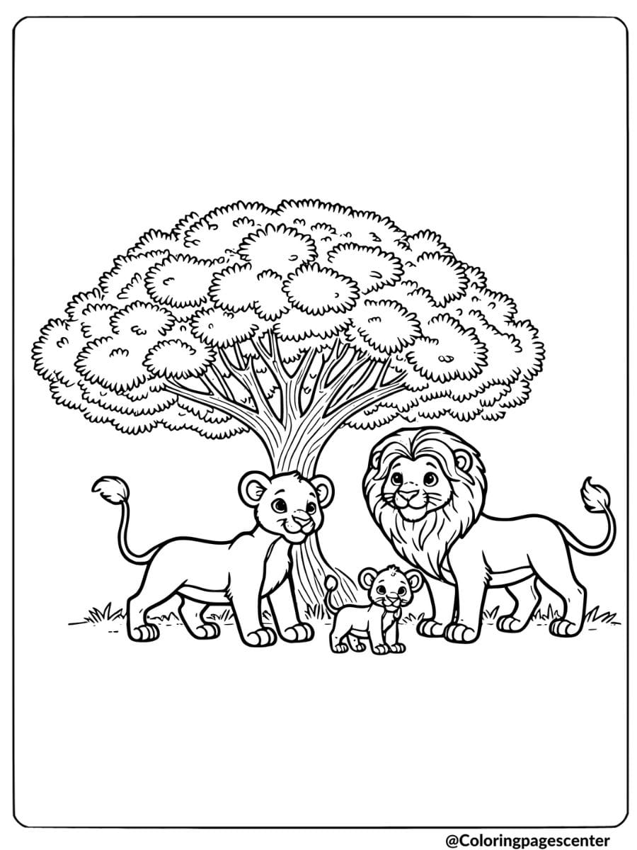 Lion family relaxing under a tree coloring page