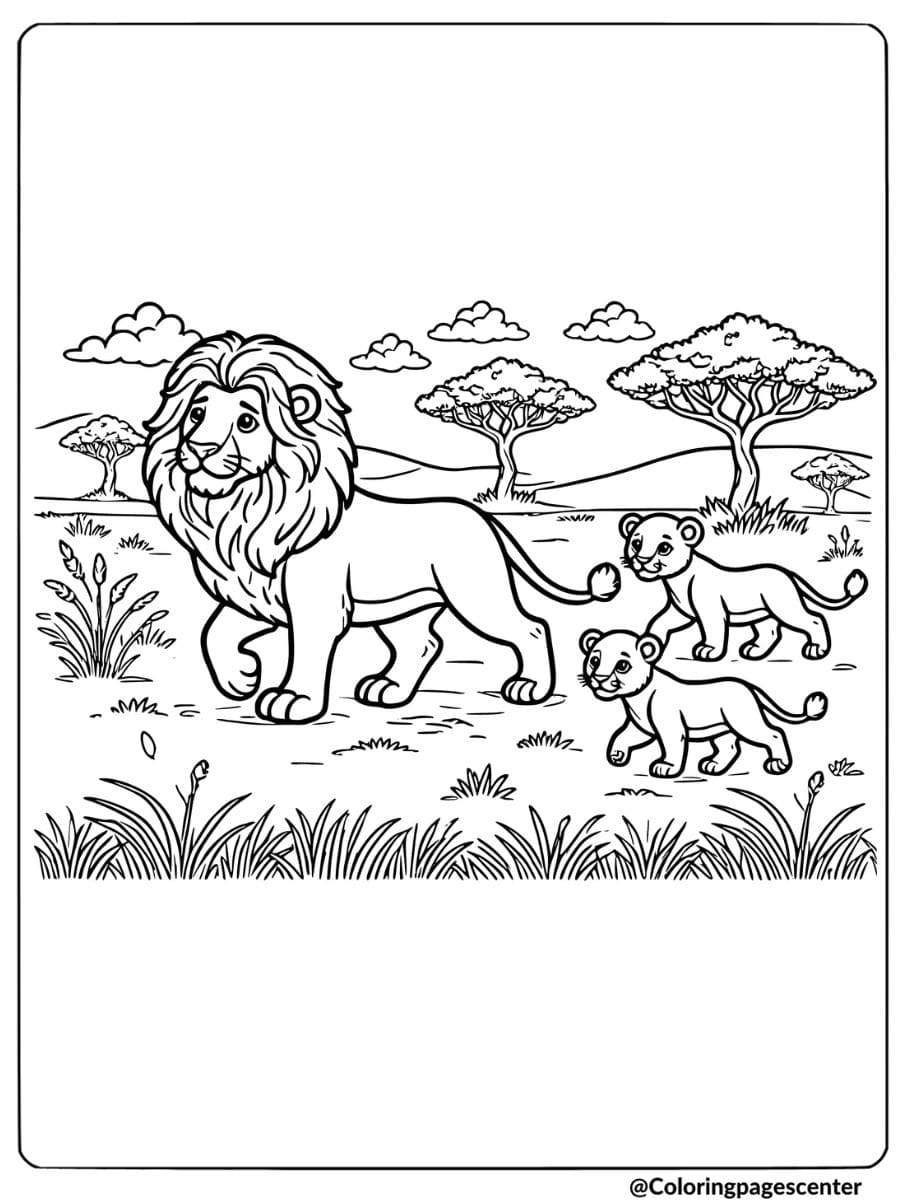 Coloring page showing a lion family walking