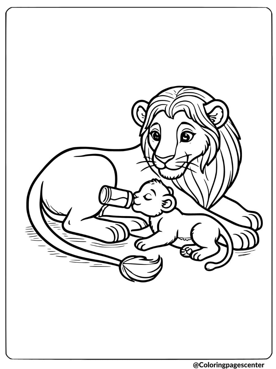 Coloring page of a lion family with a bottle