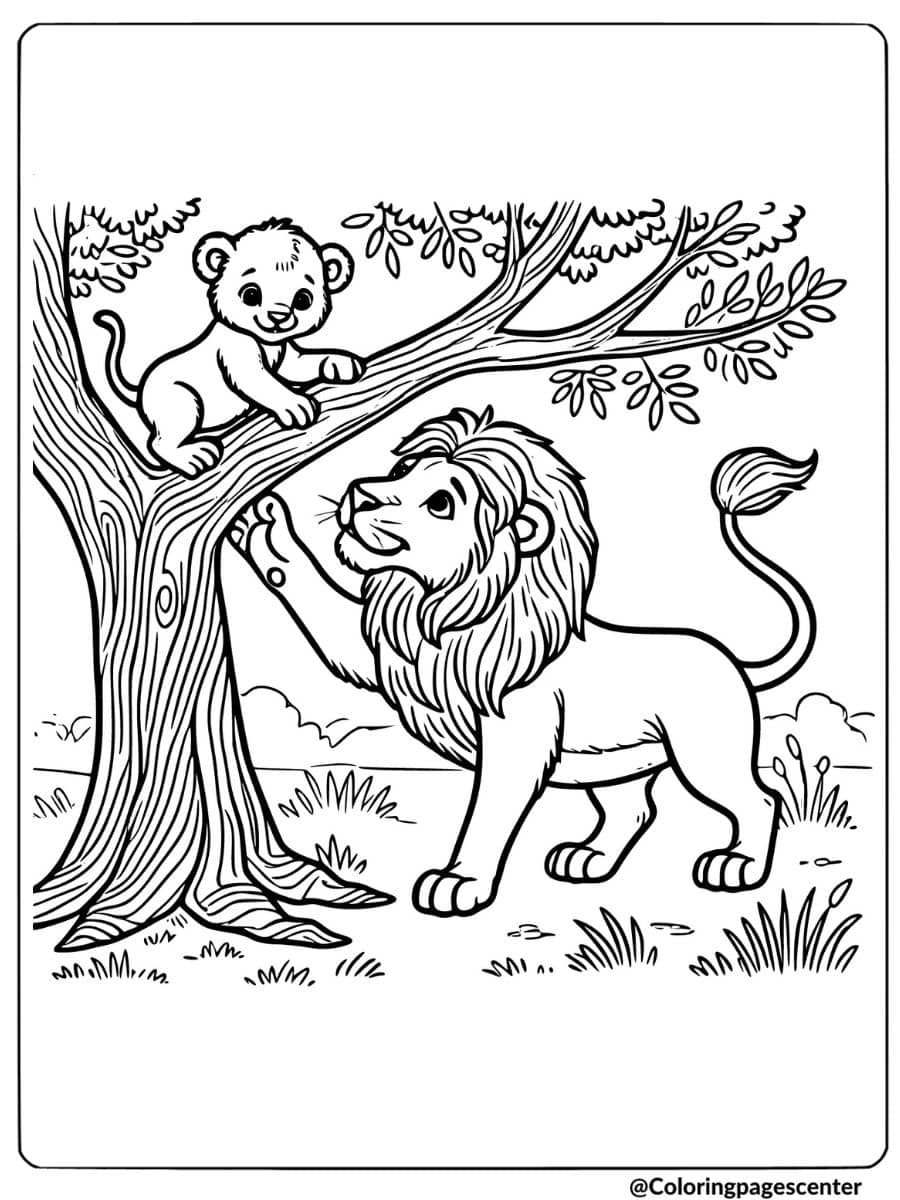 Coloring page of a lion family with a cub on a tree