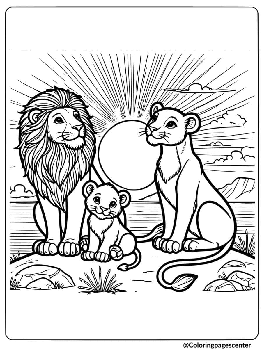 Coloring page of a lion family with a sunset background