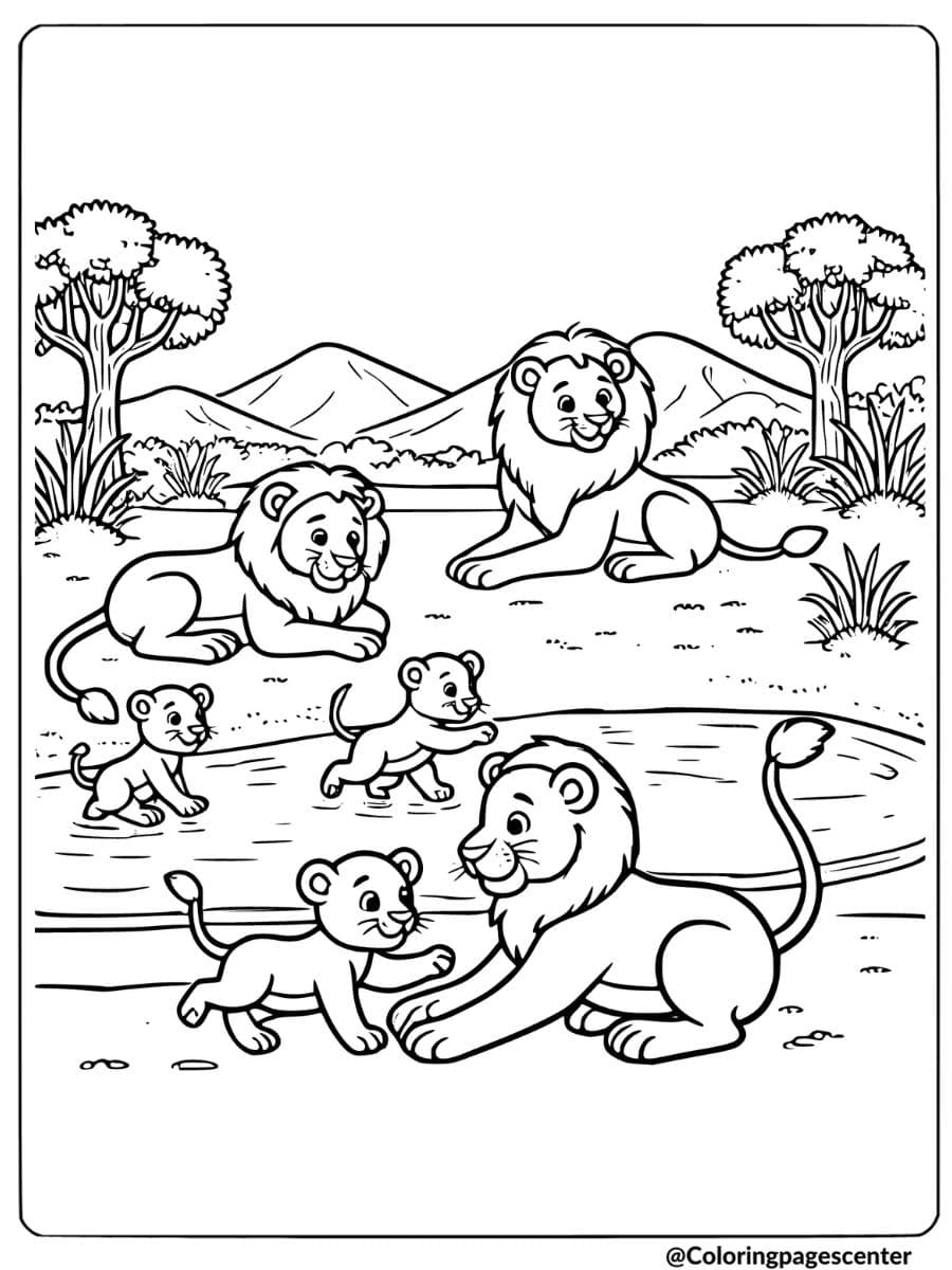 Lion family playing by the lake coloring page