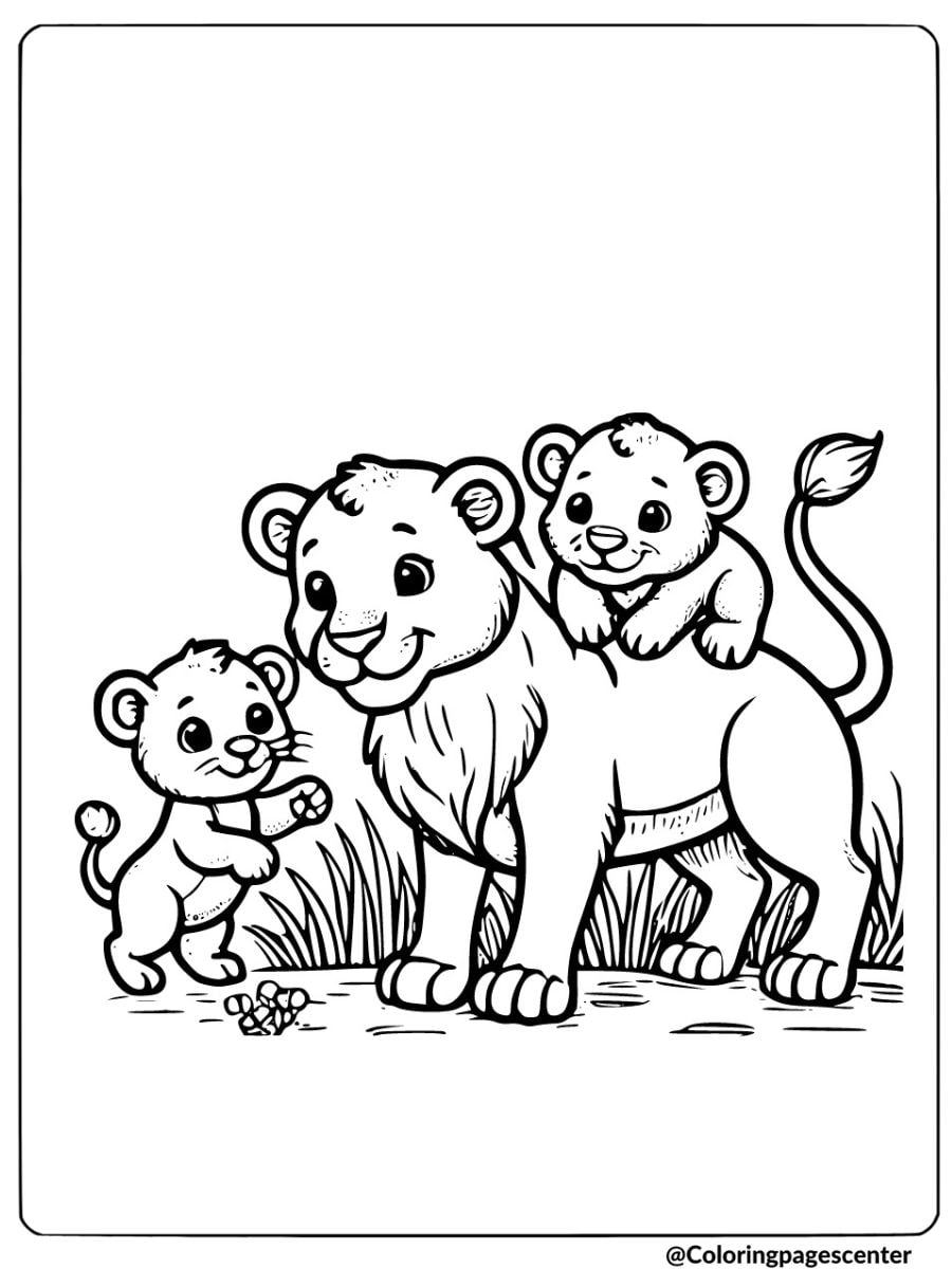 Coloring page of a playful lion family with cubs