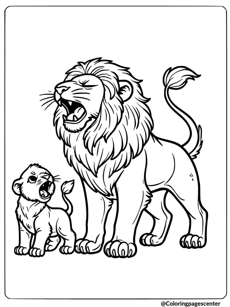 Coloring page of a roaring lion family