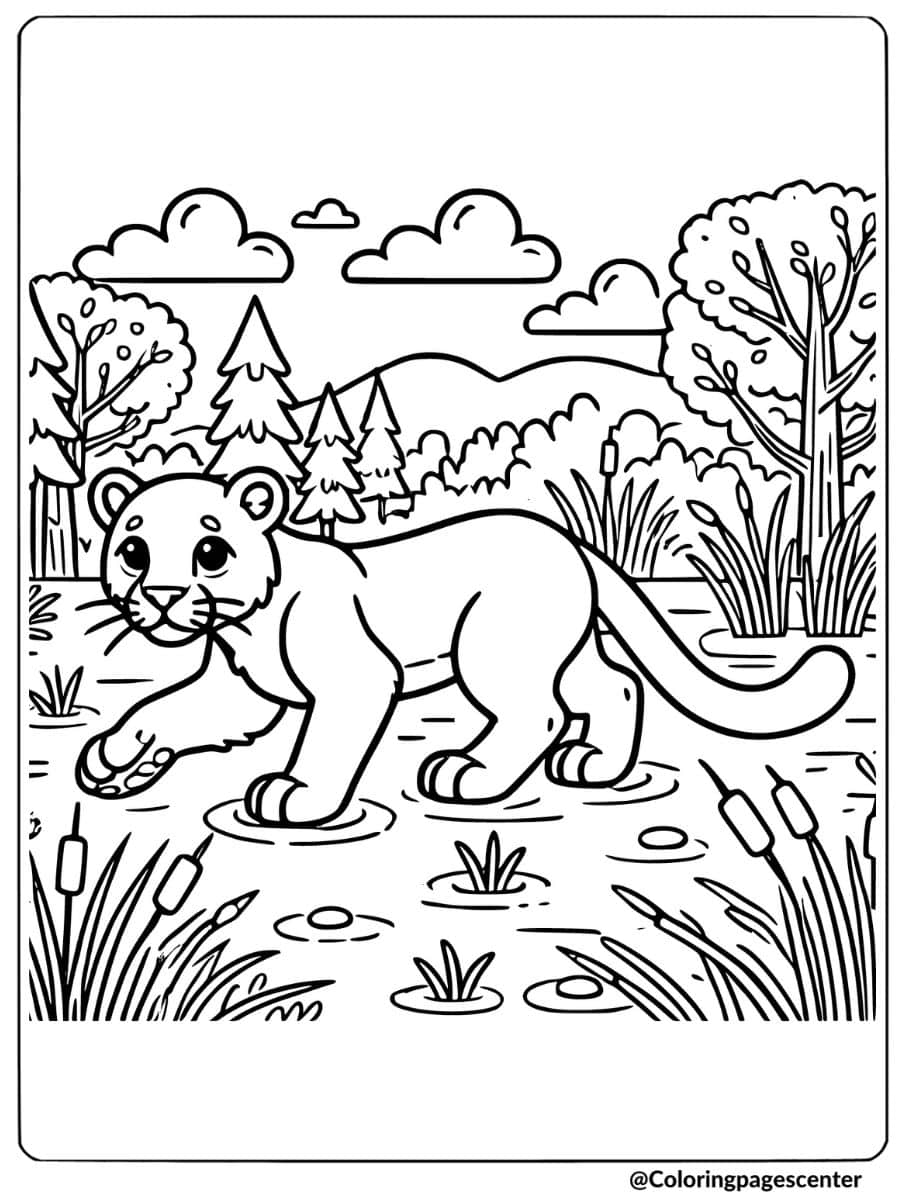 Lion walking in a pond coloring page