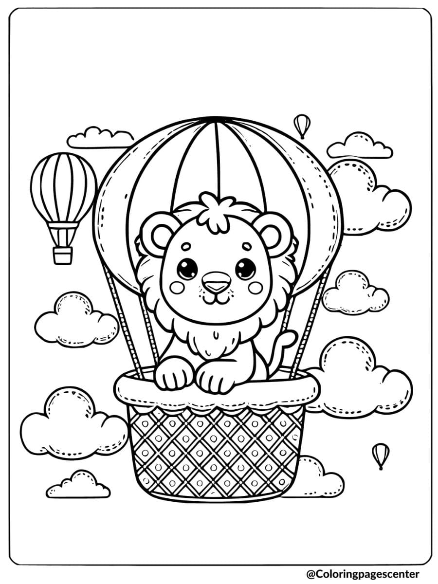 Adorable lion in a hot air balloon coloring page