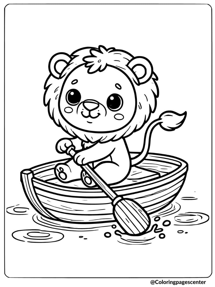 Cute lion rowing a boat coloring page