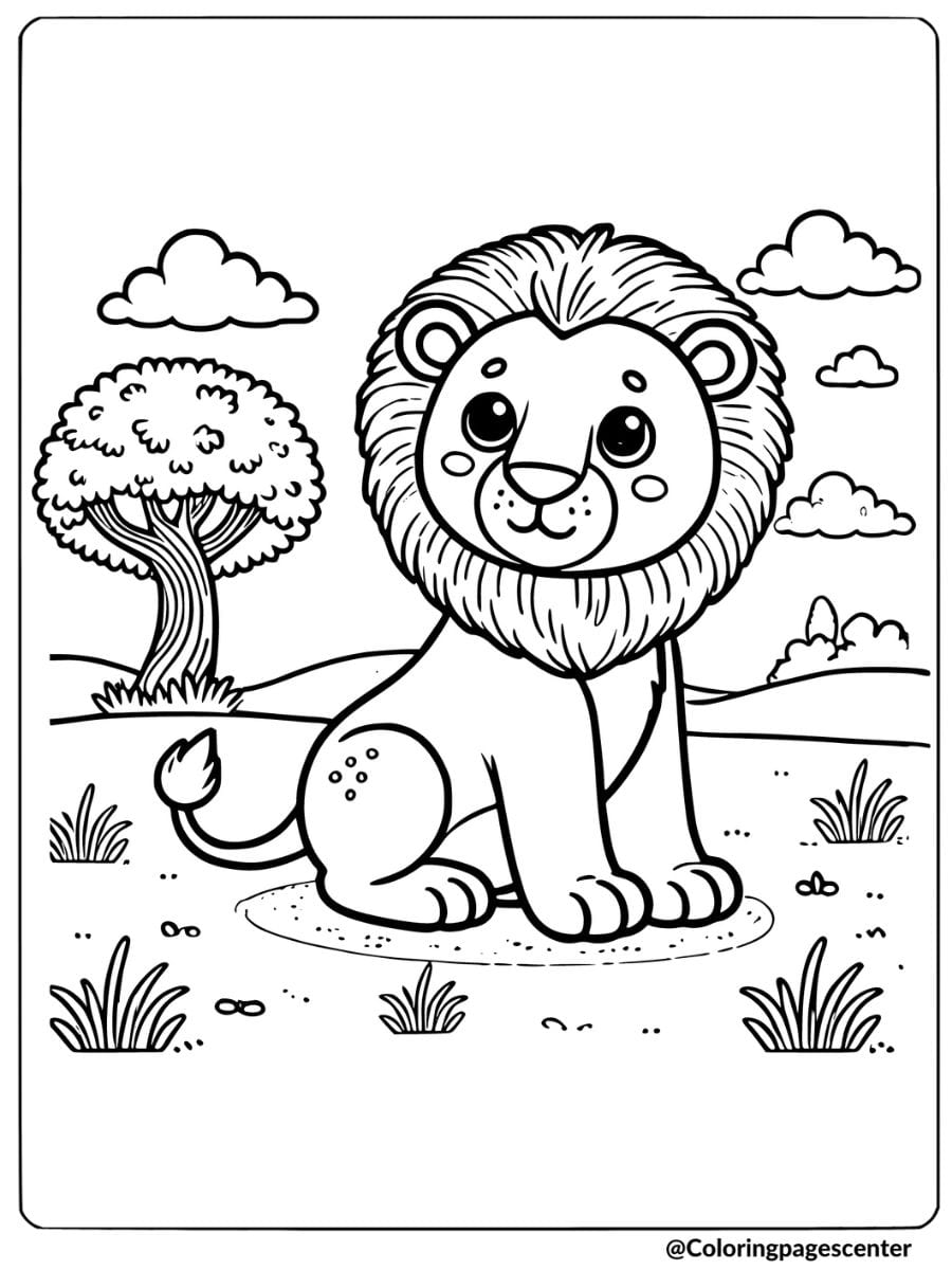 Lion sitting in the savanna coloring page