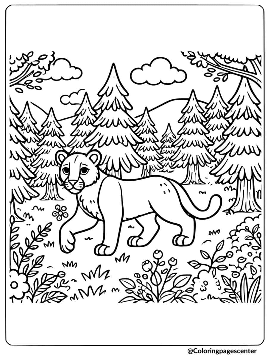 Lion walking through a forest coloring page