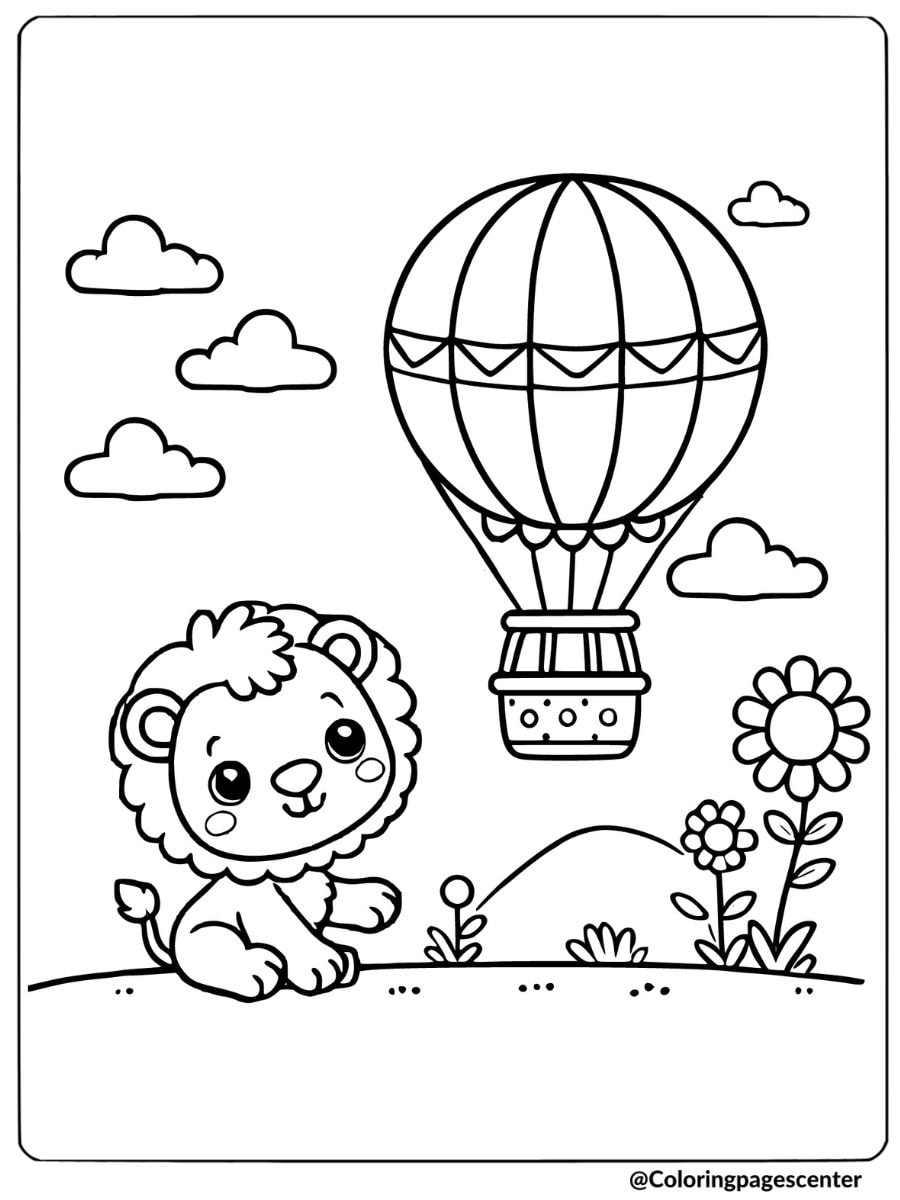 Lion with hot air balloon and flowers coloring page