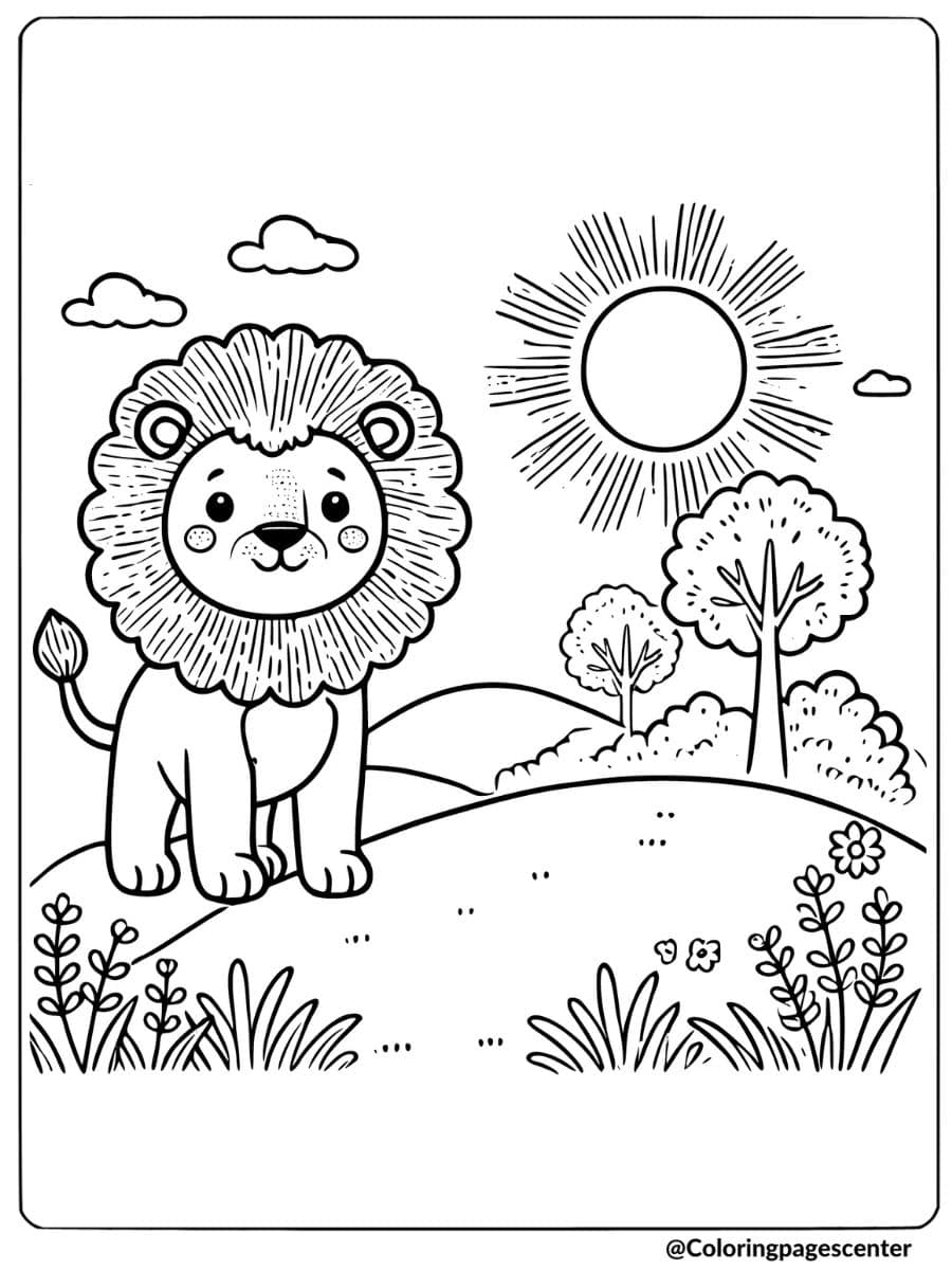 Lion with sun and trees in background coloring page