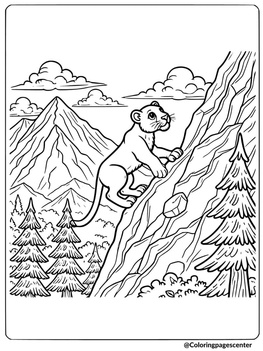 Coloring Page of a mountain lion climbing up a steep mountain