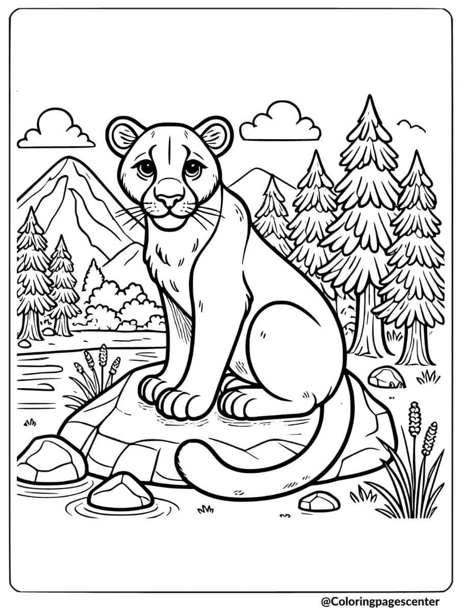 Coloring Page of a mountain lion exploring a mountainous area