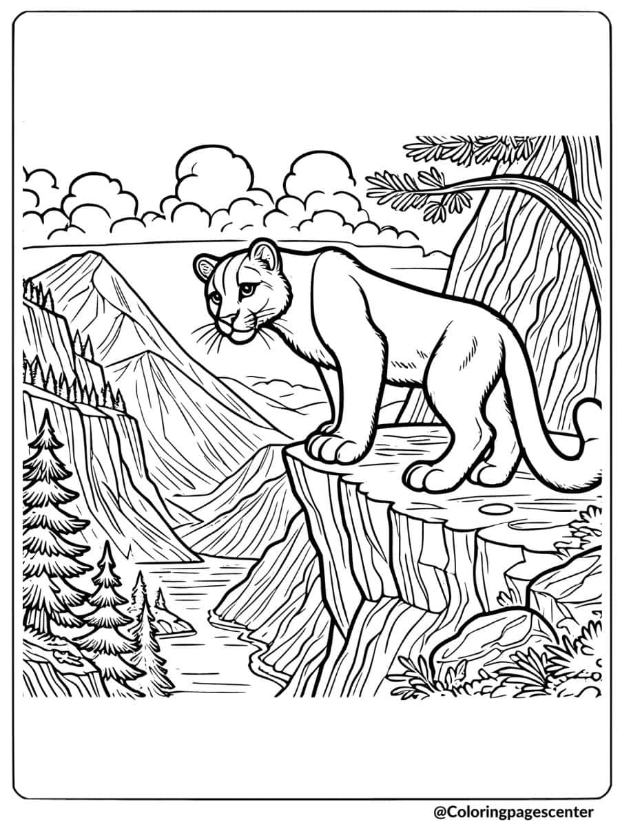 Coloring Page of a mountain lion looking down from a cliff