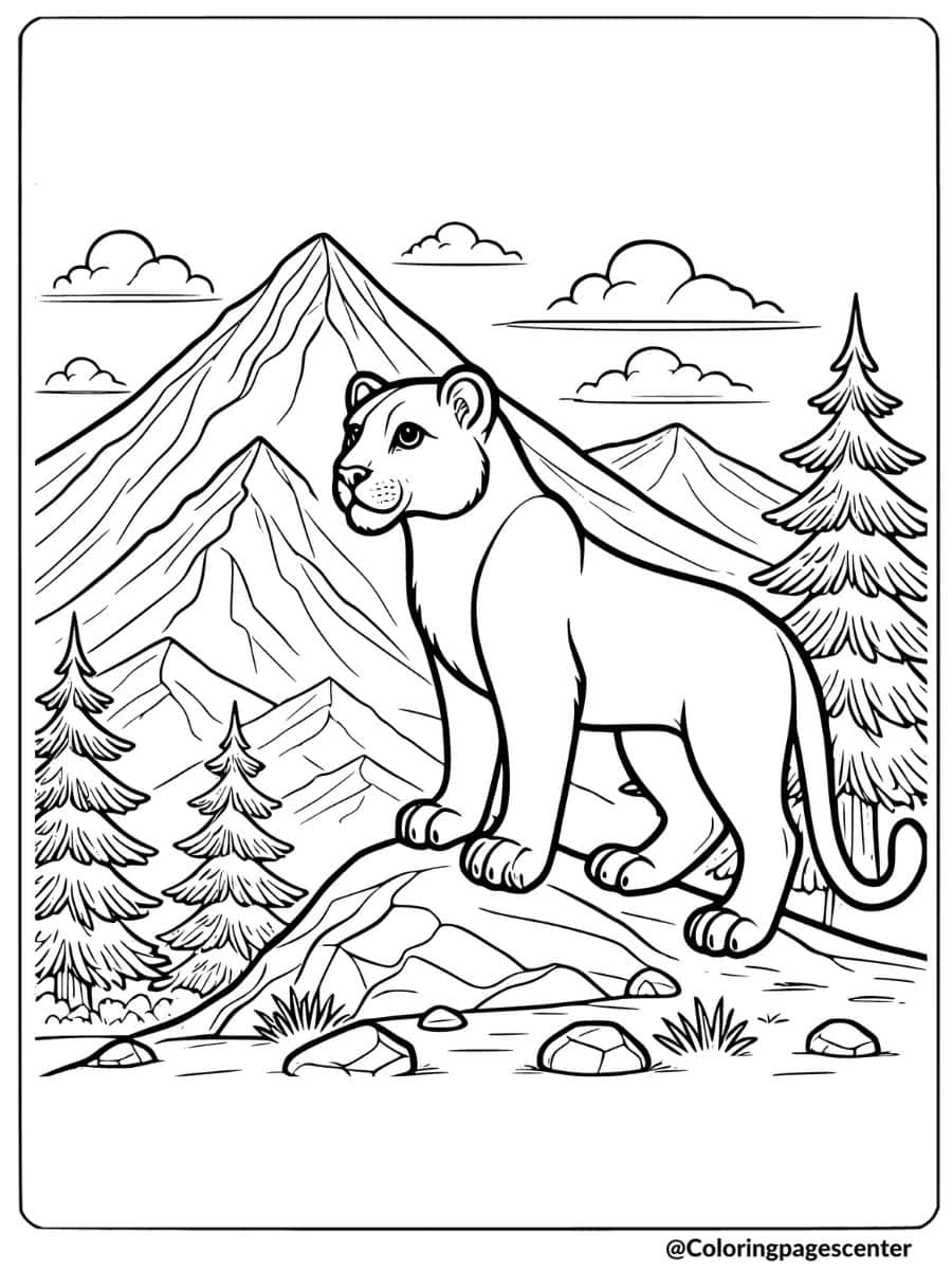 Coloring Page of a mountain lion overlooking a scenic valley