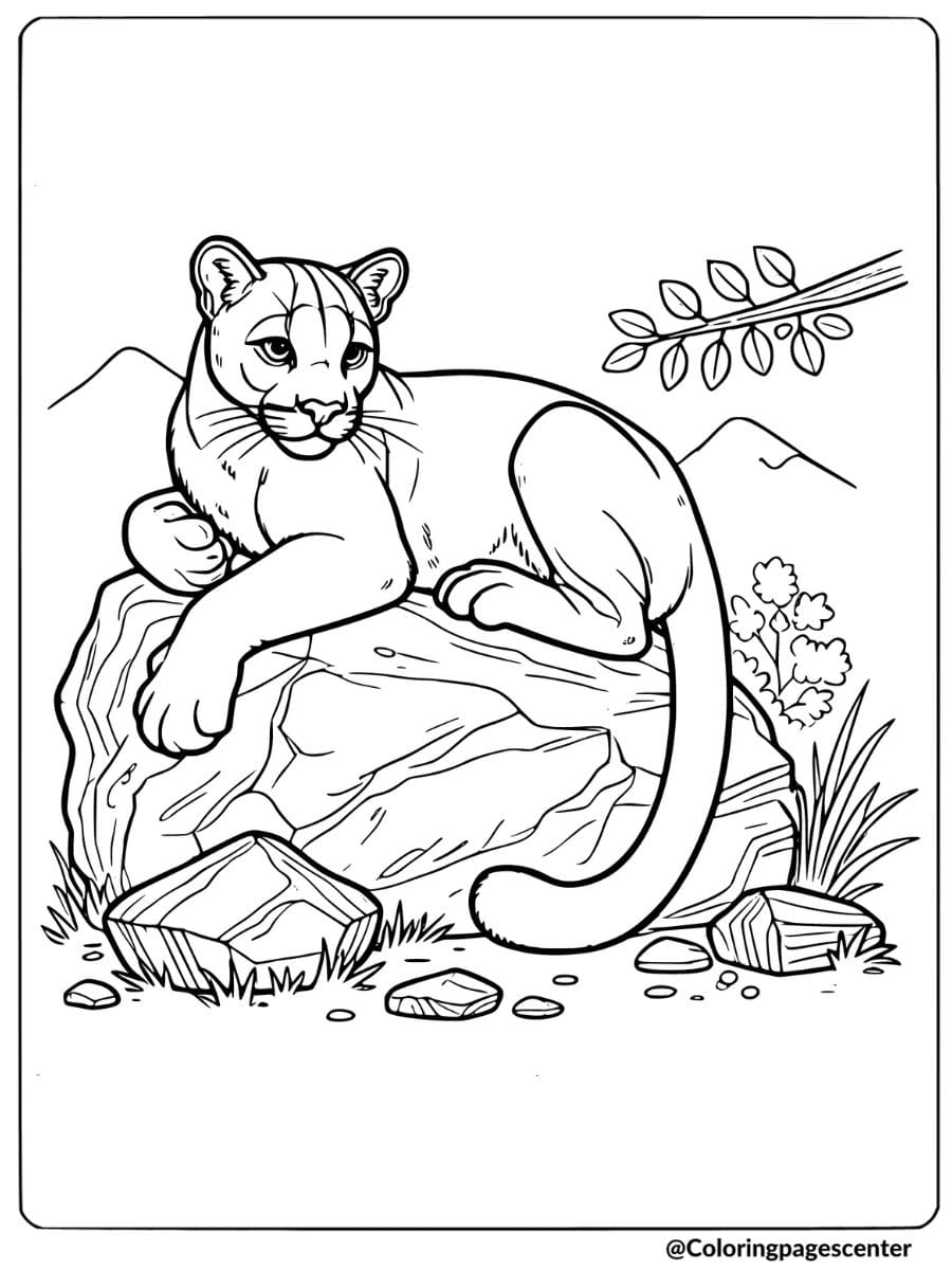 Coloring Page of a mountain lion resting comfortably on a rock