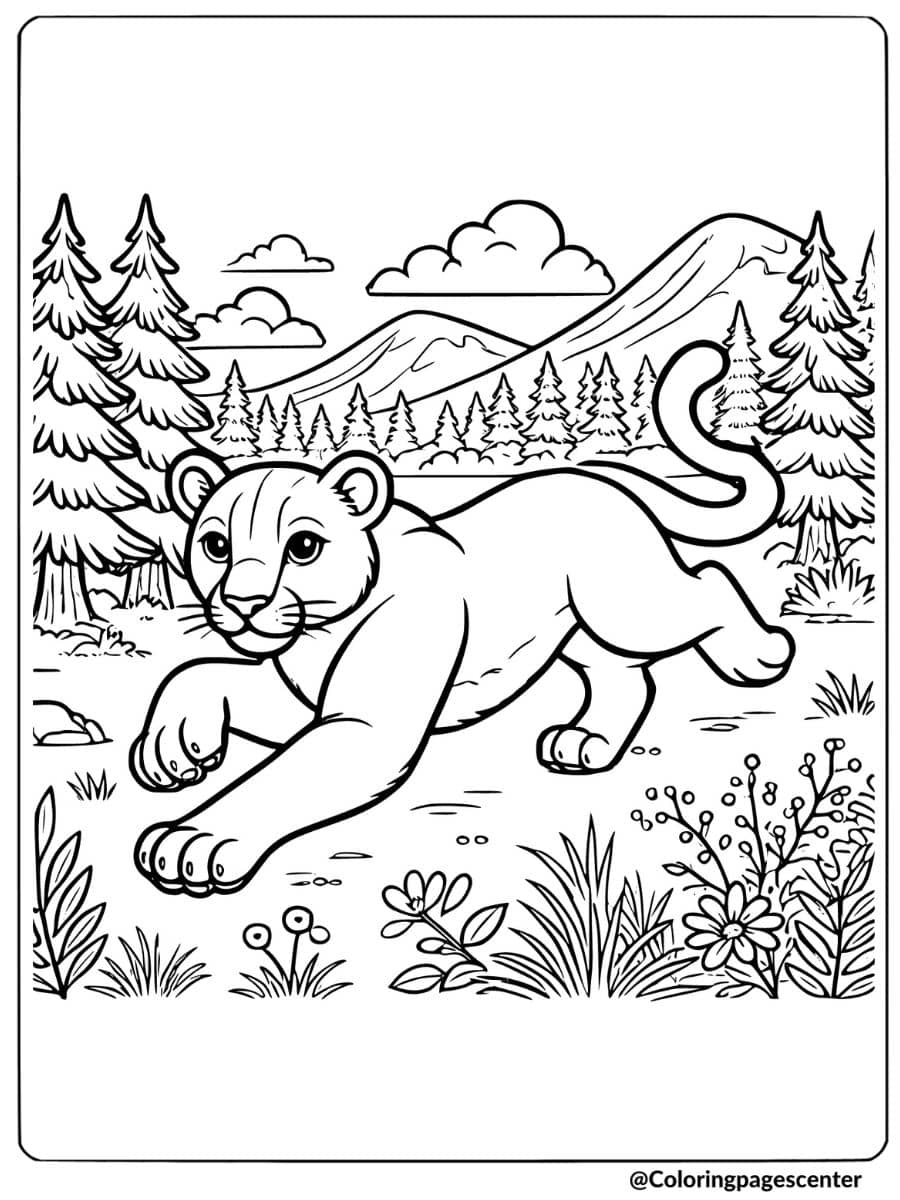 Coloring Page of a mountain lion running through a forest landscape