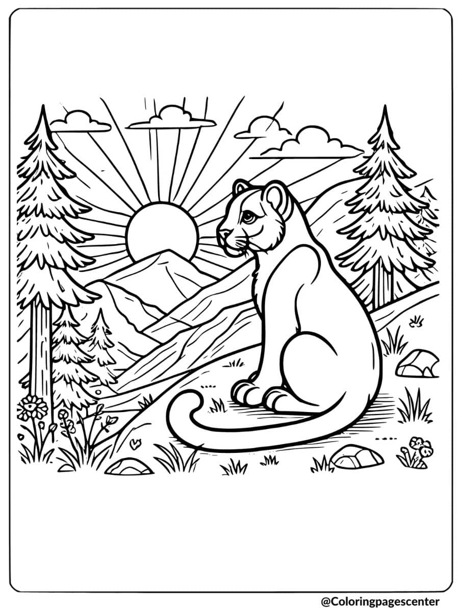 Coloring Page of a mountain lion sitting and watching the sunrise