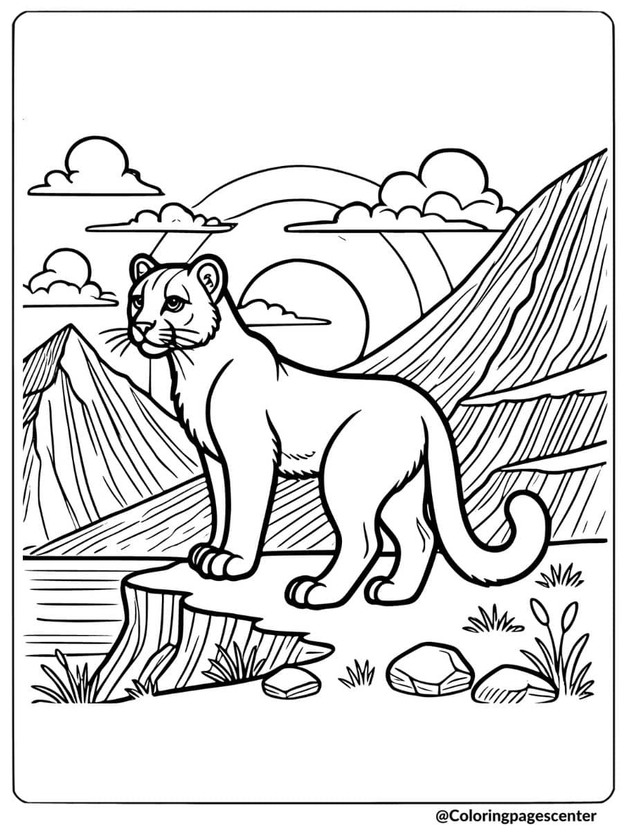 Coloring Page of a mountain lion standing majestically on a cliff