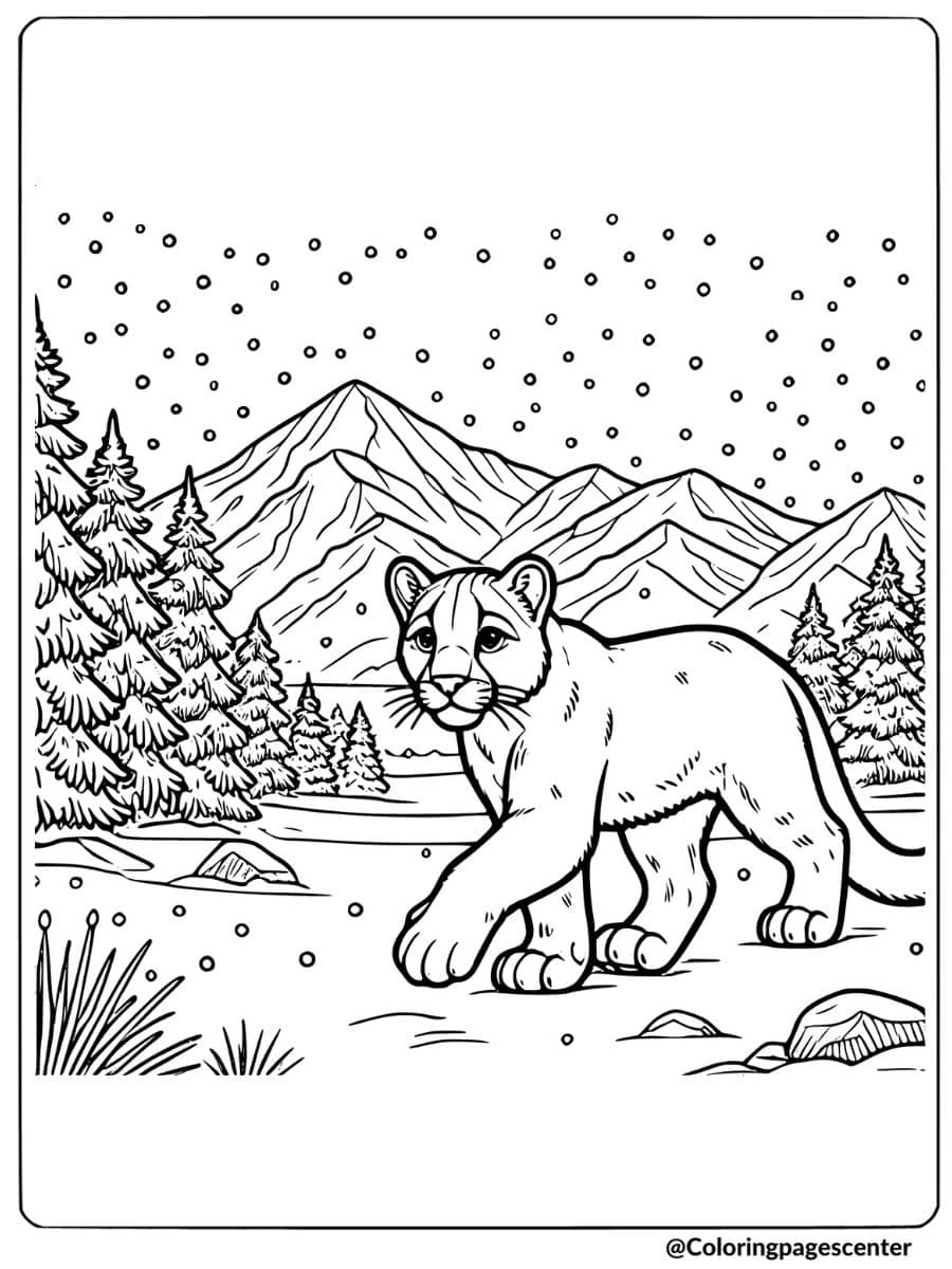 Coloring Page of a mountain lion walking in a snowy environment